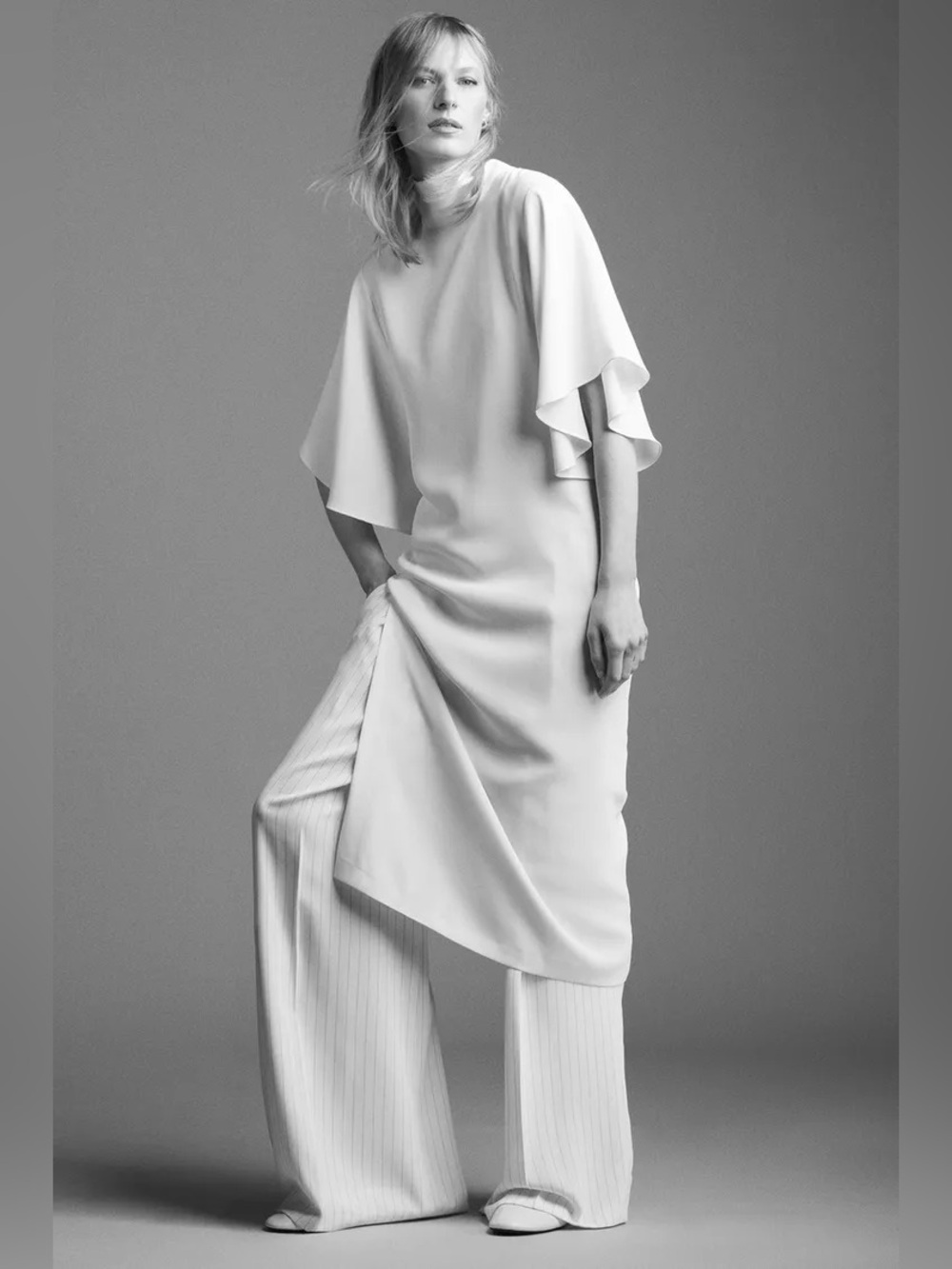 Zara Ivory Midi Dress with High Neck and flutter sleeves and a side slit